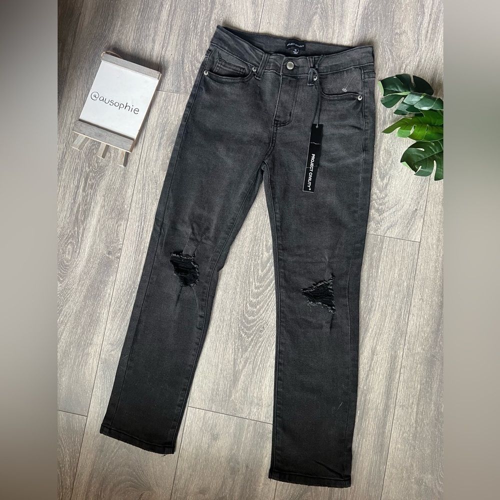 Project civility distressed straight leg jeans in color storm. Size 10 NWT!